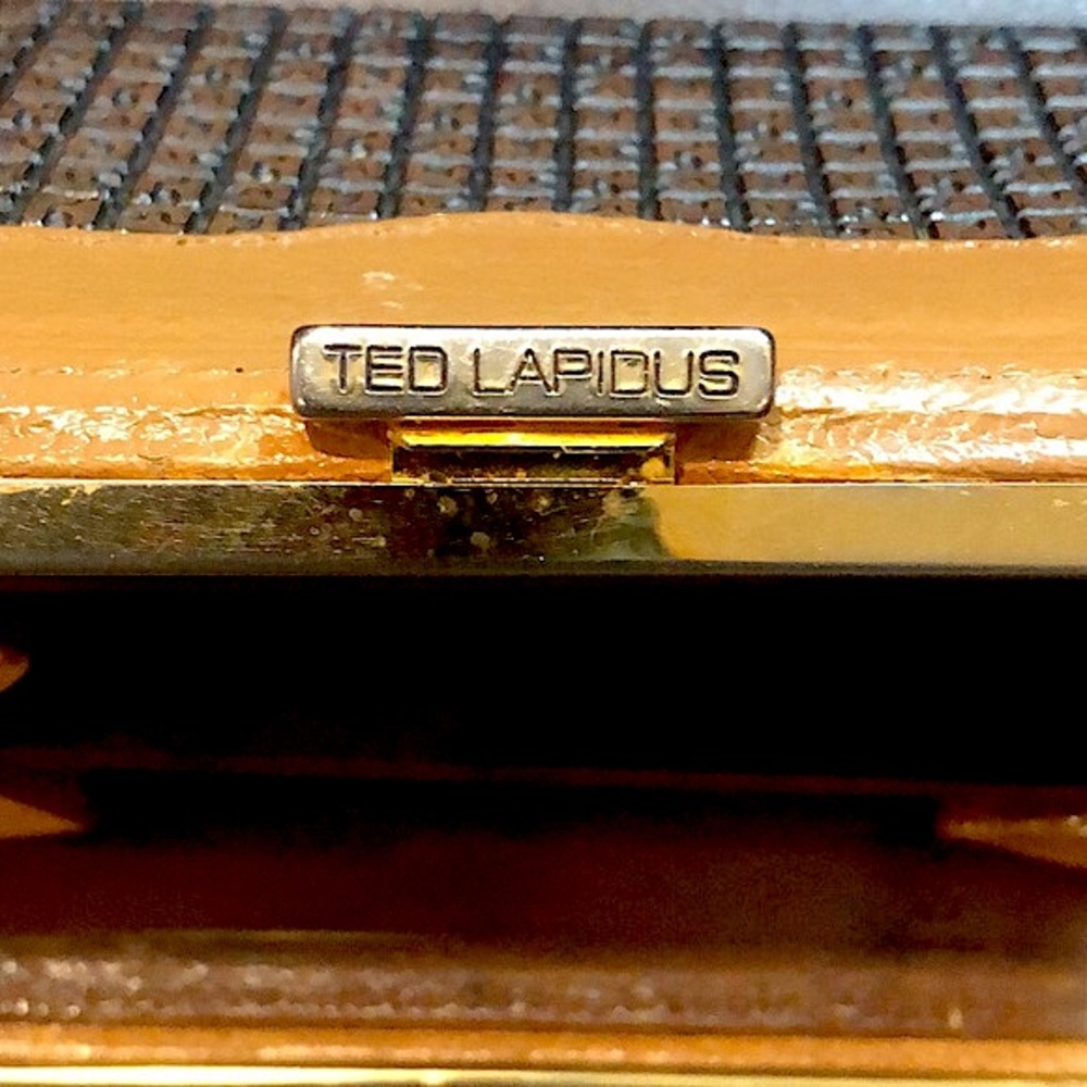 TED LAPIDUS Leather and Monogramed Hinged Wallet Clutch Engraved Clasp - Picture 7 of 15